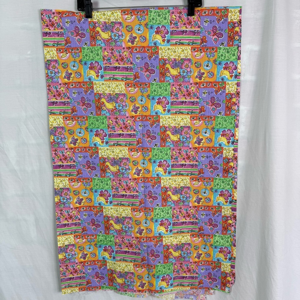 Vintage Colorful Patchwork Print Fabric Remnant Flowers Butterflies Ducks 2 Yd